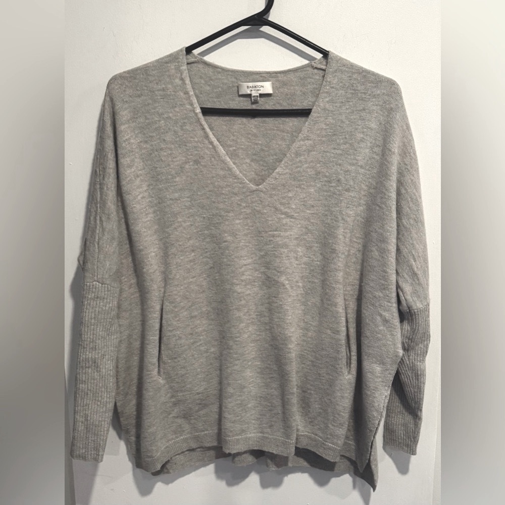 Aritzia Babaton Linen Wool blend v-neck Sweater slouchy pockets gray cozy USXXS